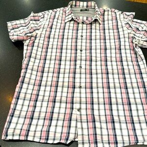 Vince. Shirt Mens L Large Button-Up Pink Plaid Short Sleeves Camp Casual